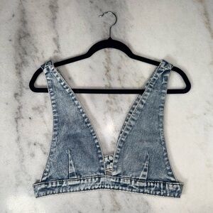 Shein Acid Wash Denim Deep V Bralette Crop Top Cotton Womens Size 6 New NWOT